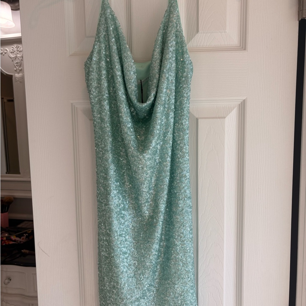 Susana Monaco Mint Sequin Cowl Neck Prom Dress
